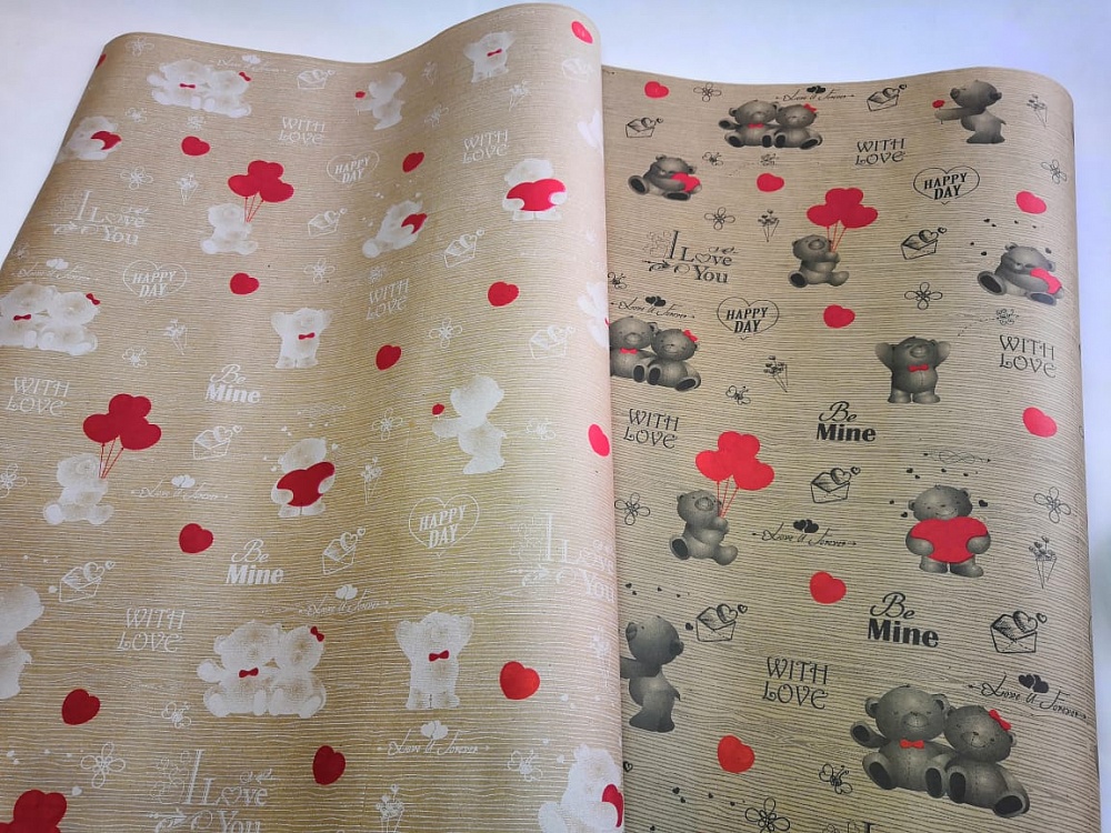 Крафт бумага "Мишки LOVE" белые/красные 70 см * 400гр