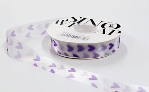 Лента органза "Hearts" 2,5смх20ярд Сиреневые на белом