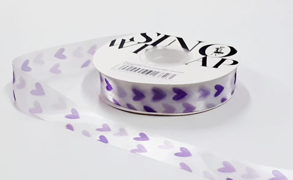 Лента органза "Hearts" 2,5смх20ярд Сиреневые на белом